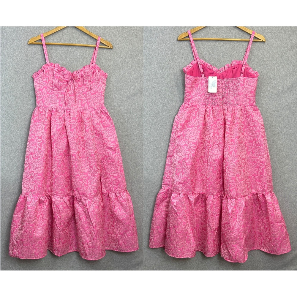 B.right The Label Rose Bustier Midi Dress Pink Floral Jacquard Preppy Size L NWT